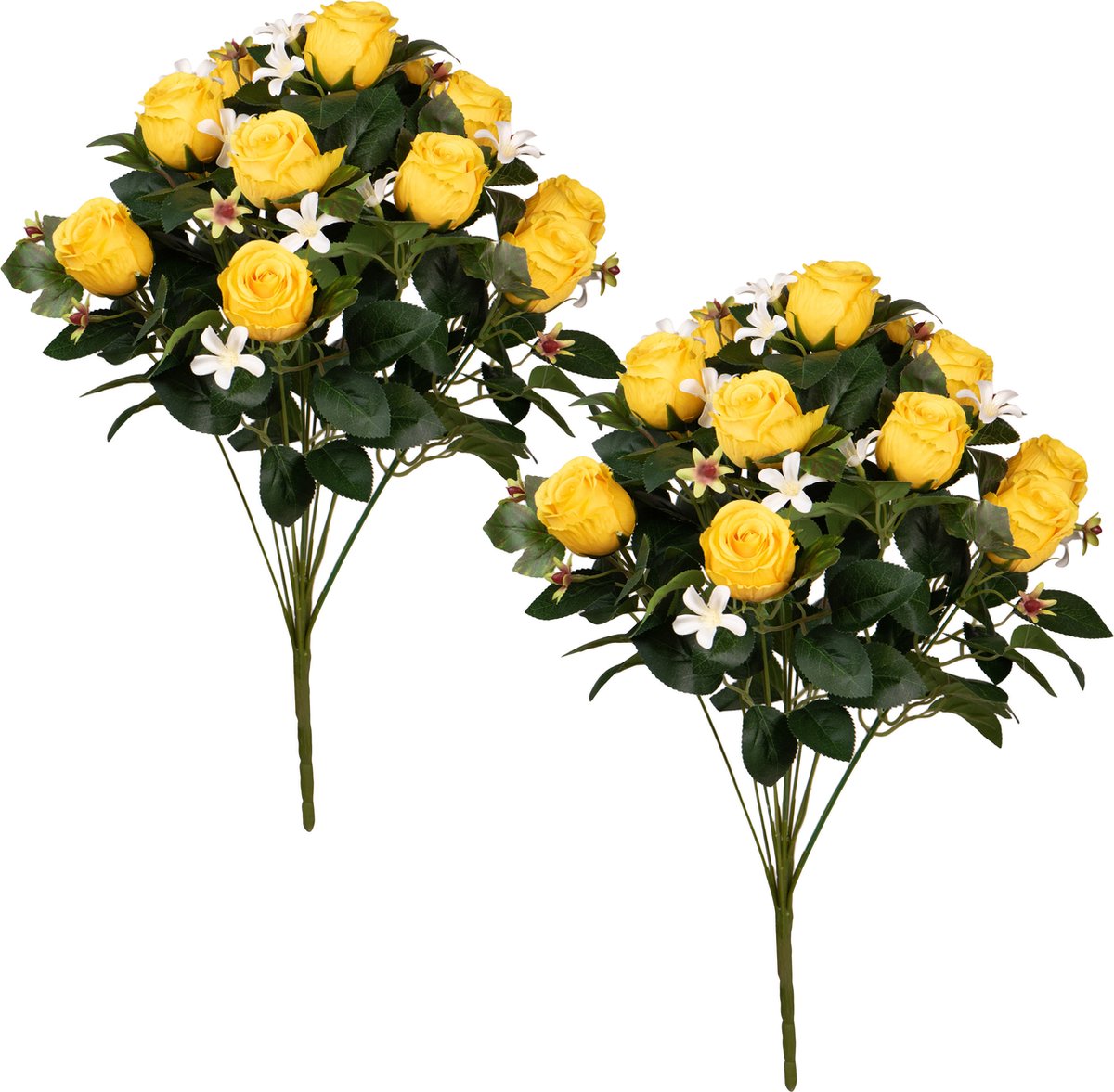 Louis Maes Kunstbloemen boeket rozen/bloesem met bladgroen - 2x - geel - H49 cm - Bloemstuk