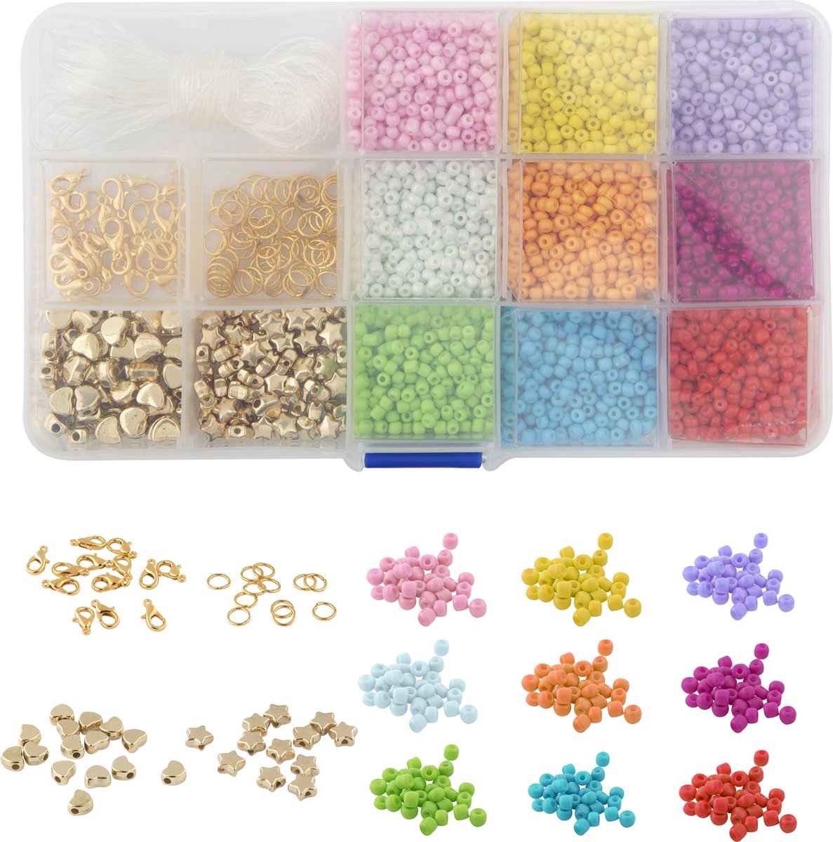 Glaskralen Armbandjes maken 6000pcs - DIY Sieraden maken - Maak Prachtige Sieraden en Creëer Unieke Kunstwerken - Rocailles - Inclusief Rijgdraad - Gouden sterren en hartjes bedels - Joya Creative
