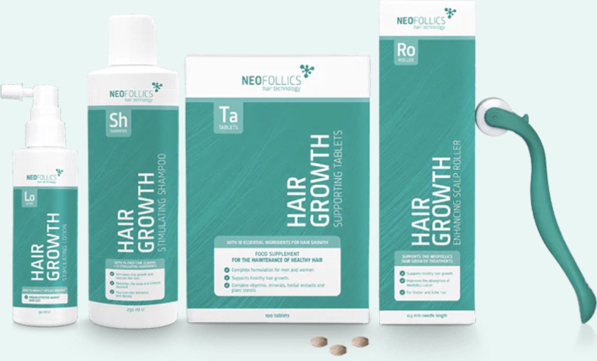 Bol.com Neofollics Behandeling voor Alopecia Androgenetica - Shampoo 250ml - Lotion 90ml - Tablets 110st. - Hoofdhuidroller aanbieding
