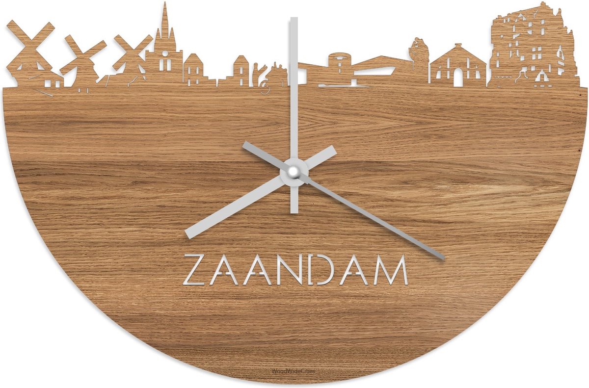 Skyline Klok Zaandam Eikenhout - Ø 40 cm - Stil uurwerk - Wanddecoratie - Meer steden beschikbaar - Woonkamer idee - Woondecoratie - City Art - Steden kunst - Cadeau voor hem - Cadeau voor haar - Jubileum - Trouwerij - Housewarming - WoodWideCities