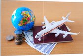 Acrylglas - Wereldbol met Miniatuur Vliegtuig, Paspoort en Buitenlandse Valuta - 120x80 cm Foto op Acrylglas (Met Ophangsysteem)