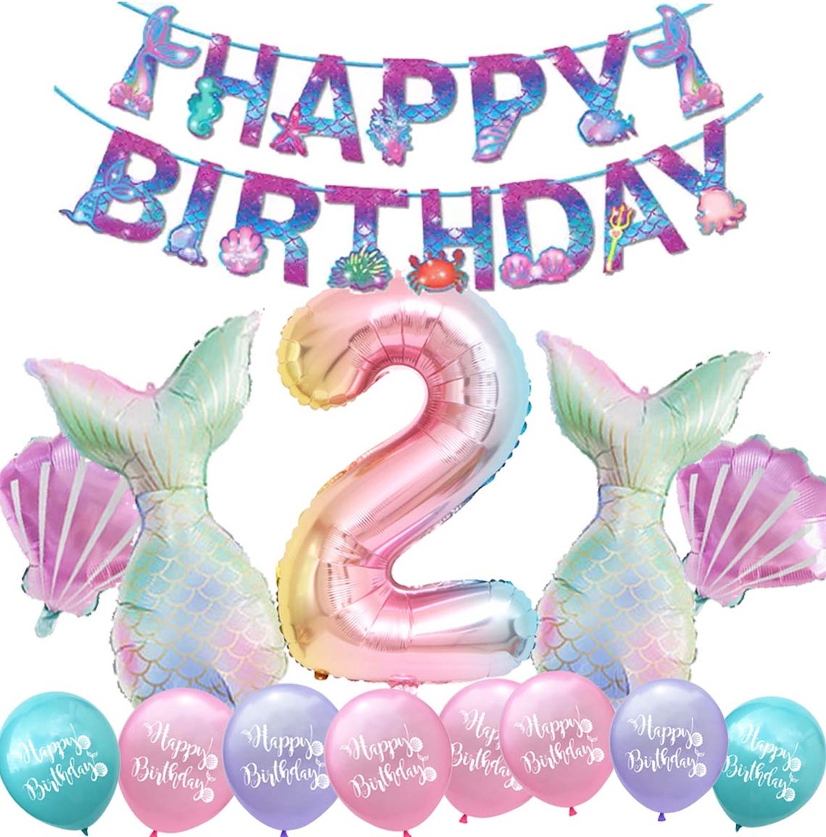 Snoes - Cijfer Folie Ballon - 2 Jaar Ballon - Zeemeermin Mermaid Mega pakket inclusief Slinger - Verjaardag - Meisje - Birthday Girl - Happy Birthday