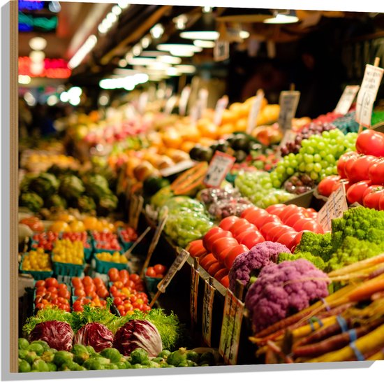 Hout - Markt - Eten - Groente - Fruit - Kleuren - 80x80 cm - 9 mm dik - Foto op Hout (Met Ophangsysteem)