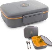 Bento Lunchbox lekvrije 5-vakken, donkergrijs-oranje, roestvrij stalen bestek, BPA-vrij