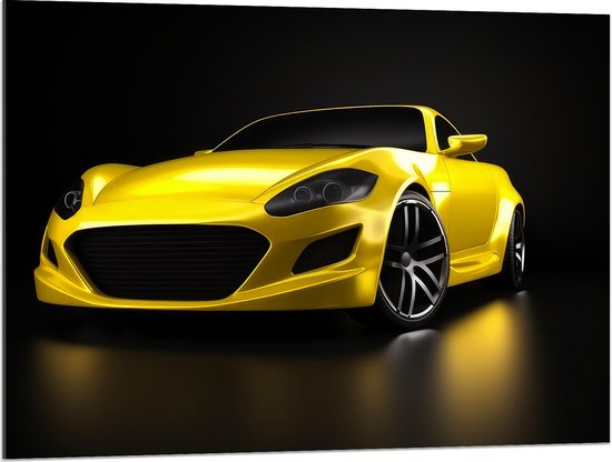 Acrylglas - Vooraanzicht van Gele Auto tegen Zwarte Achtergrond - 100x75 cm Foto op Acrylglas (Met Ophangsysteem)