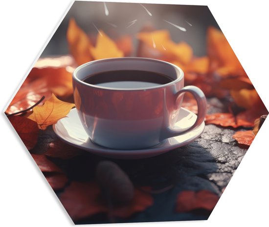 PVC Schuimplaat Hexagon - Verse Kop Koffie tussen Herfstbladeren - 50x43.5 cm Foto op Hexagon (Met Ophangsysteem)