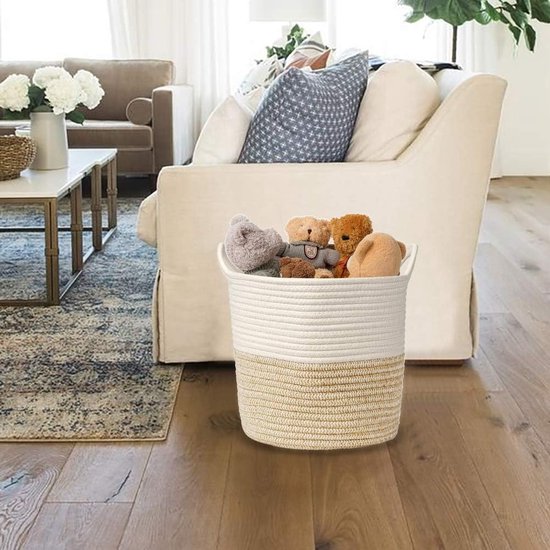 Panier à Linge - Tressé En Corde De Coton - Avec Poignée - Pour Rangement - Idéal Pour Salon, Chambre D'enfant, Salle De Bain - 28 X 28 Cm