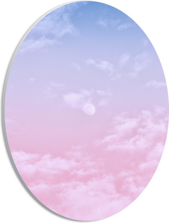 PVC Schuimplaat Ovaal - Lucht - Wolken - Maan - Blauw - Roze - 21x28 cm Foto op Ovaal (Met Ophangsysteem)