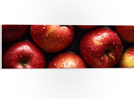 PVC Schuimplaat- Verse Rode Appels onder de Waterdruppels - 60x20 cm Foto op PVC Schuimplaat