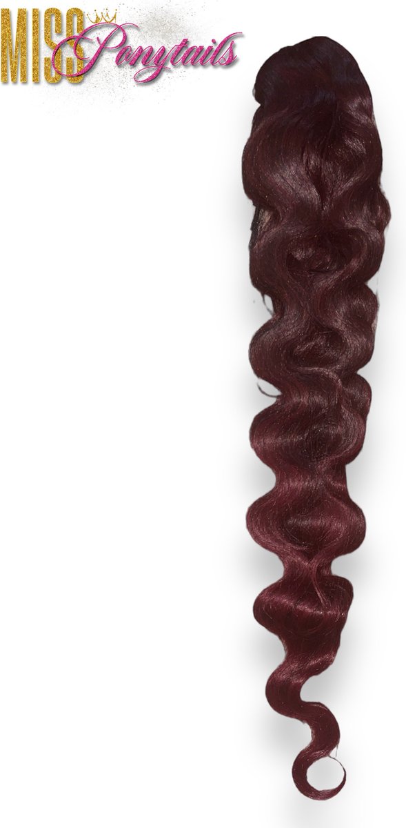 Miss Ponytails - Bodywave ponytail extentions - 28 inch - Zwart/bordeauxrood T1B/BUG - Hair extentions - Haarverlenging