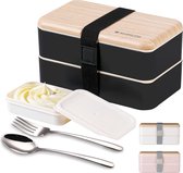Boîte à bento originale Boîtes à lunch Conteneur Bundle Diviseur Style japonais avec cuillère et fourchette en acier inoxydable pour ustensiles de cuisine (Zwart)