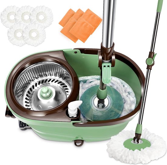 Foto: Dweilmop set met emmer 6 liter poetsemmer met dweil en 145 cm telescoopsteel vloerwisserset met voetpedaal bevat 5 microvezel overtrek en 5 poetsdoeken groen