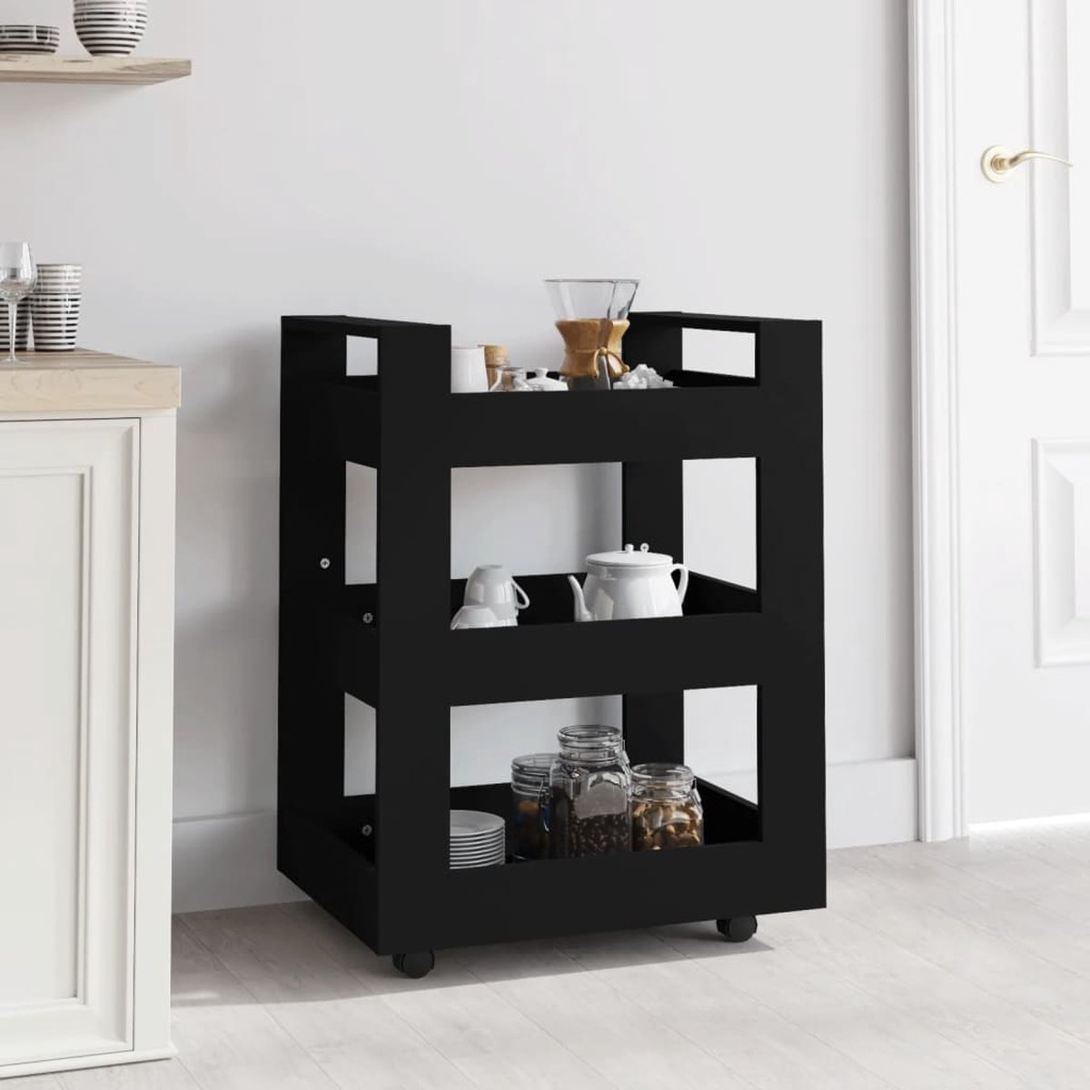 vidaXL - Keukentrolley - 60x45x80 - cm - bewerkt - hout - zwart