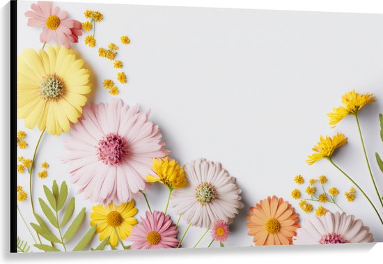Canvas - Bloemen in Pastelkleuren tegen Witte Achtergrond - 120x80 cm Foto op Canvas Schilderij (Wanddecoratie op Canvas)