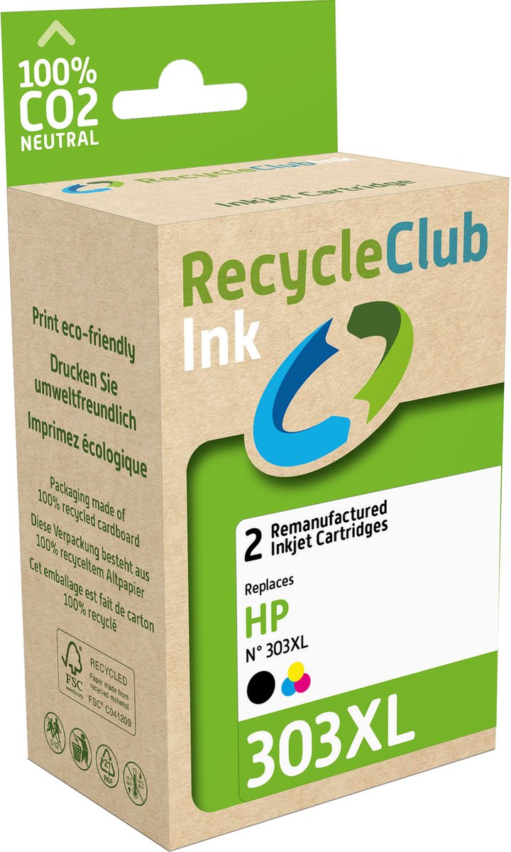 RecycleClub inktcartridge - Inktpatroon - Met inktniveaubeheer - ILM - Geschikt voor HP - Alternatief voor HP 303XL Zwart 20ml en Kleur 18ml - 2-pack - 650 pagina's en 350 pagina's