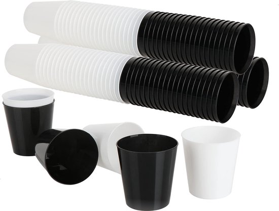 120x borrelbekers herbruikbaar - borrelglaasjes - borrelglas voor feestjes, camping en onderweg - herbruikbaar en vaatwasmachinebestendig (120 stuks - zwart + wit)