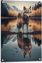 Tuinposter – Wolf in Landschap met Weerspiegeling in het Water - 60x80 cm Foto op Tuinposter (wanddecoratie voor buiten en binnen)