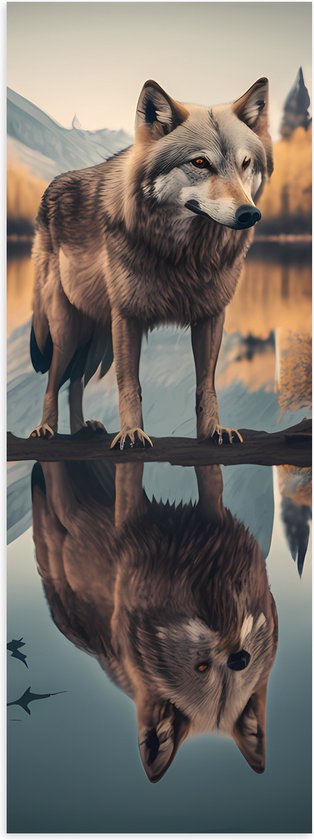 Poster (Mat) - Wolf in Landschap met Weerspiegeling in het Water - 30x90 cm Foto op Posterpapier met een Matte look