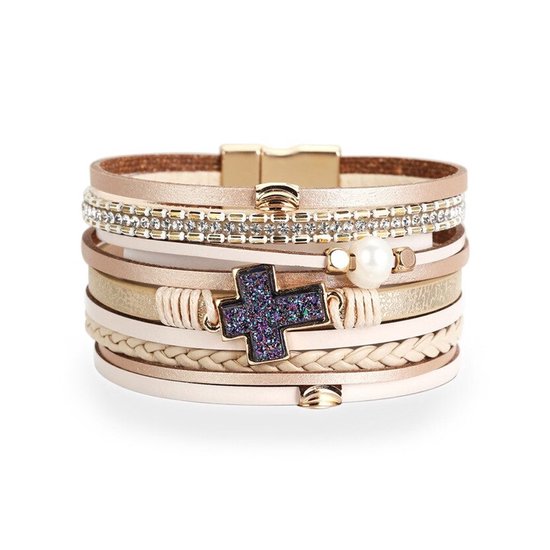 Bracelet Sorprese - Perle - Croix - cuir - bracelet femme - cadeau - Modèle C