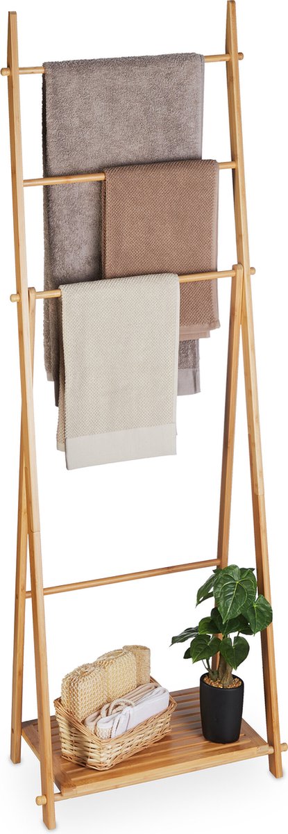 Relaxdays staand handdoekenrek - 4 stangen - plank - badkamerrek - handdoekhouder - bamboe