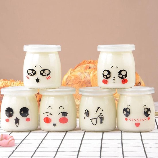 Pots de yaourt avec couvercles, dessin animé, verre, pots de