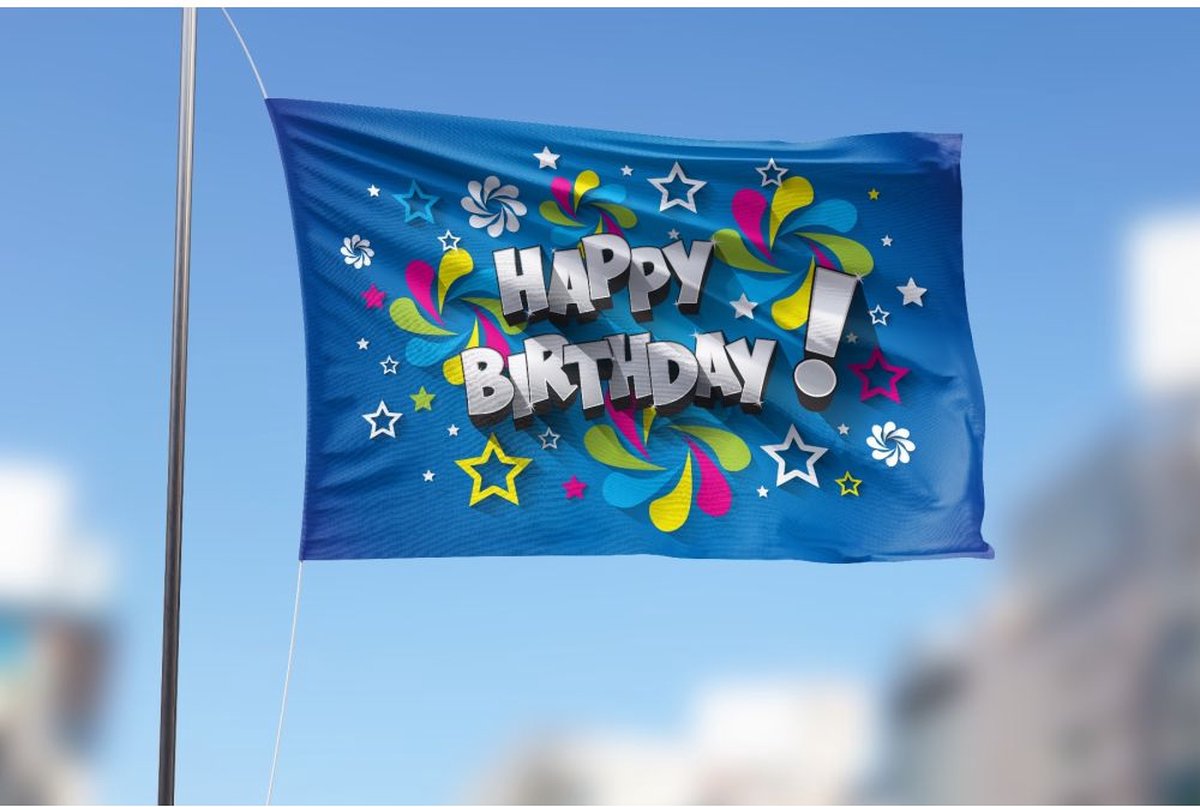 Blauwe Happy Birthday Vlag 80x120cm