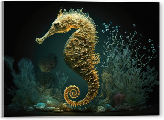 Acrylglas - Zeepaardje tussen de Planten in het Zeewater - 40x30 cm Foto op Acrylglas (Wanddecoratie op Acrylaat)