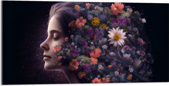 Acrylglas - Zijaanzicht van Vrouw met Kapsel van Bloemen tegen Zwarte Achtergrond - 100x50 cm Foto op Acrylglas (Wanddecoratie op Acrylaat)