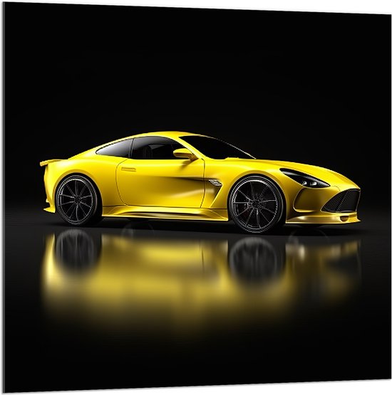 Acrylglas - Zijkant van Gele Sportauto tegen Zwarte Achtergrond - 100x100 cm Foto op Acrylglas (Wanddecoratie op Acrylaat)