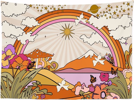 Ulticool - Rainbow Rétro Vintage Soleil Nature Berg Univers - Tapisserie - 200x150 cm - Groot tapisserie - Poster - Beige Oranje Lilas Violet