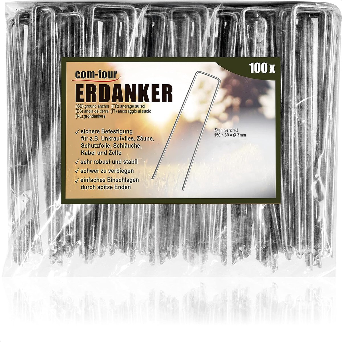 Goedkoopste 100x grondankers van gecoat staal - robuuste grondpennen voor het bevestigen van onkruidvlies en folies - grondankers voor tuin en camping - hoekig (100 stuks - 150x30x3mm