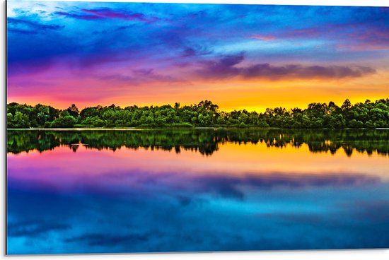 Dibond - Water - Meer - Bomen - Bossen - Kleuren - 75x50 cm Foto op Aluminium (Wanddecoratie van metaal)