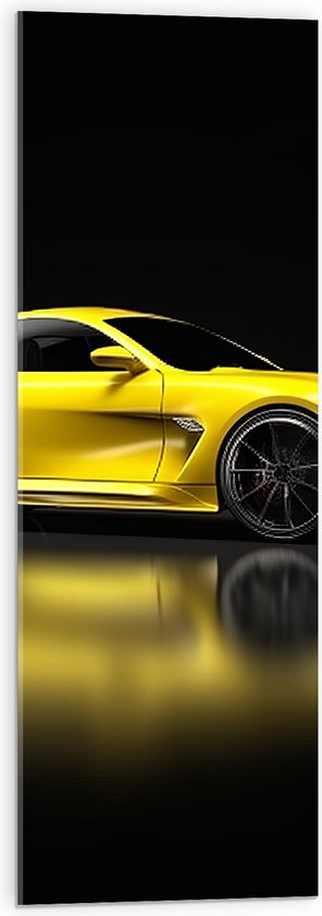 Acrylglas - Zijkant van Gele Sportauto tegen Zwarte Achtergrond - 30x90 cm Foto op Acrylglas (Met Ophangsysteem)