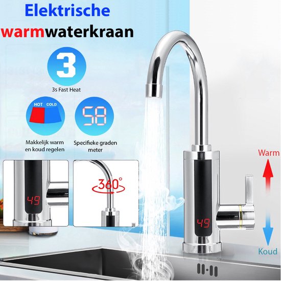Elektrische kraan met doorstroomwaterverwarmer, 360° draaibare kraan met LED -temperatuurweergave, elektrische verwarmingskraan voor keuken, badkamer