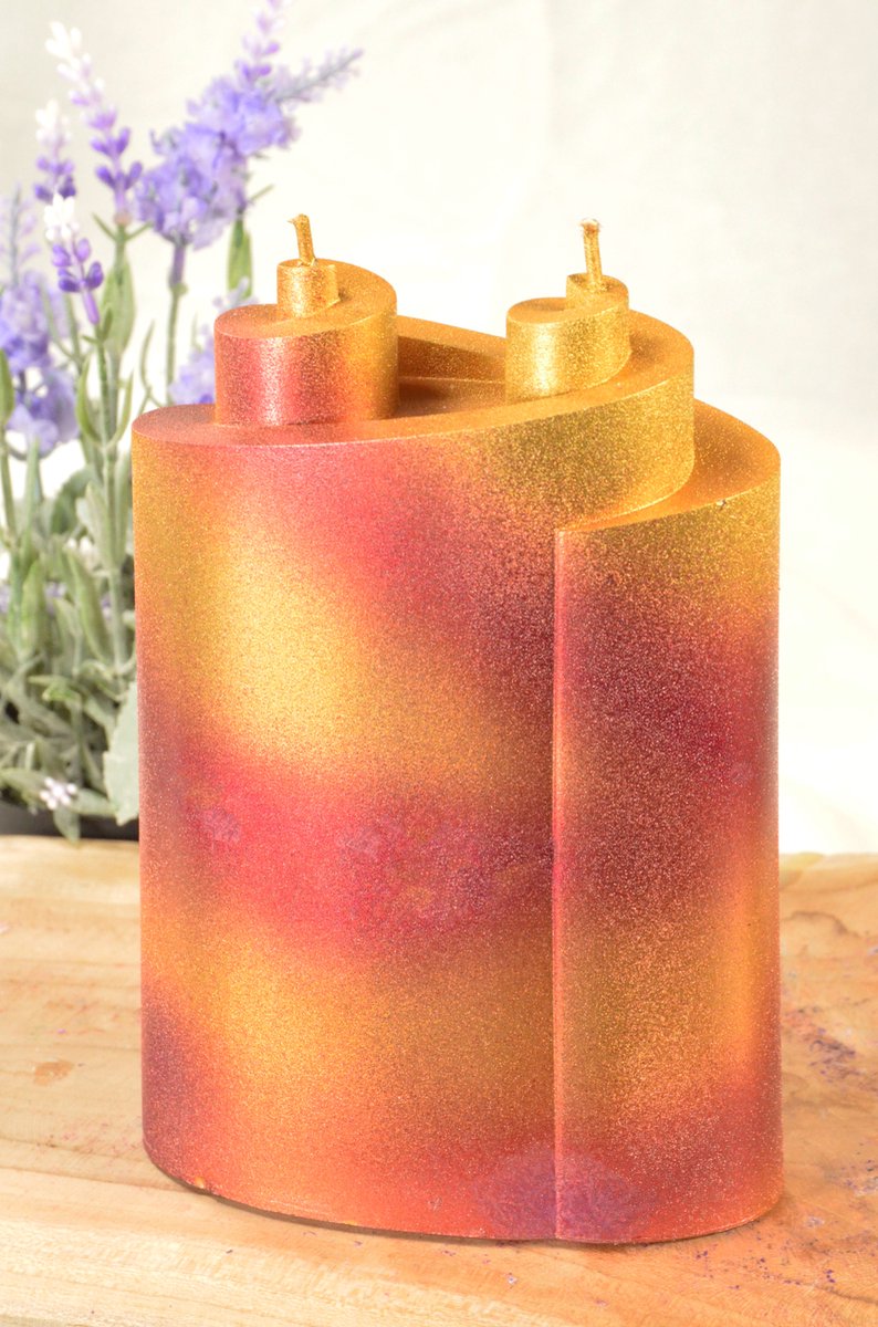 Exclusieve design kaars "Piaf" Kaars met 2 pitten in GOUD en LILA, hoogte: 18 cm - BEKIJK VIDEO