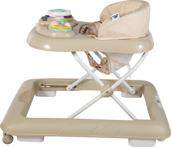 Beige loopstoel met een speelblad inclusief stuur, knoppen en een zachte zitting.