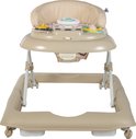 Beige loopstoel met speelblad, stuur, knoppen en een zachte, beige zitting met bruin-wit zigzagpatroon.