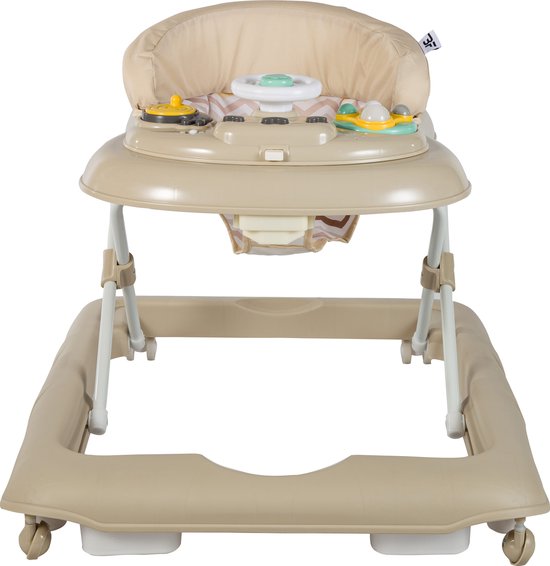 Beige loopstoel met speelblad, stuur, knoppen en een zachte, beige zitting met bruin-wit zigzagpatroon.