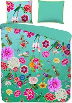 Premium percale katoen dekbedovertrek Fleur aqua - 240x200/220 (lits-jumeaux) - prachtige dessin - extra fijn geweven en zacht - huidvriendelijk en ademend - hoogwaardige kwaliteit - luxe uitstraling - optimaal slaapcomfort