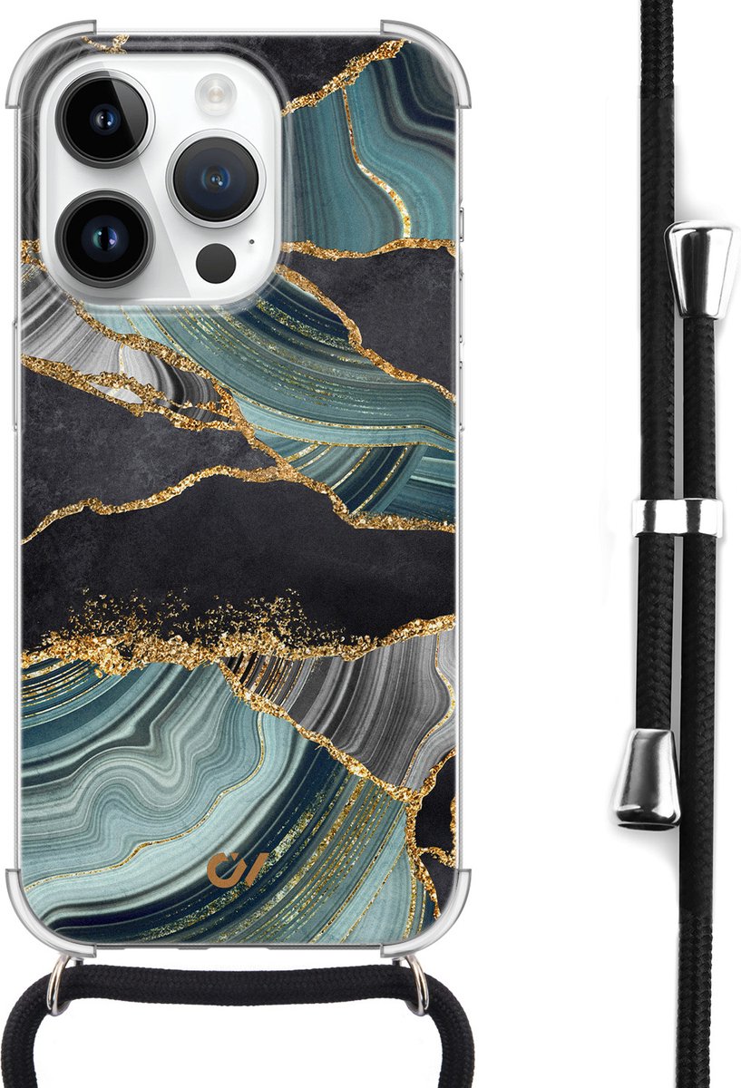 Casevibes - Telefoonhoesje met koord - Geschikt voor Apple iPhone 14 Pro Max - Marble Jade Stone - Groen - Marmer