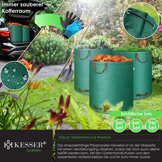 KESSER® Tuinafvalzak Tuinzak Set Bladzak incl. Handschoenen - Zelf Staand 4 Handvatten Stabiel Robuust & Opvouwbaar - Bladzakken Maaisel Tuinzakken voor Tuinafval Groenafval - 6x 272 Liter, Groen van KESSER — afbeelding 3