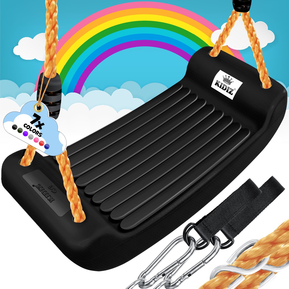 KIDIZ® Schommel Kinderschommel Set - Incl. Accessoires Schommelzitje PP-Touwen Schommelplank Tuin Buiten Binnenschommel voor kinderen om op te schommelen Plastic Hoogte Verstelbaar Antislip - Zwart