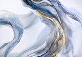 Fotobehang Abstract Blue Art With Gray And Gold — Light Blue Background With Beautiful Smudges And Stains Made With Alcohol Ink And Golden Paint. Blue Fluid Texture Poster Resembles Watercolor Or Aquarelle. - Vliesbehang - 360 x 240 cm