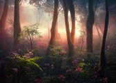 Fotobehang Colorful Sunset Forest Scenery With Beautiful Trees And Plants, Natural Green Environment With Amazing Nature - Vliesbehang - 416 x 290 cm