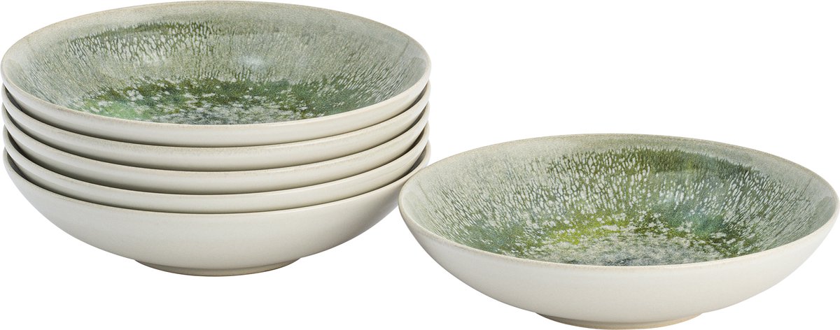 Lite-Body Hermes Pastabord - Set van 6 stuks - Ø21 cm - Stoneware - Groen reliëf
