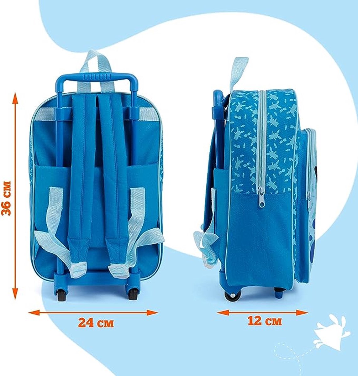 Bing Rugzak met Wielen voor Kleine Jongens Meisjes - Trolly Schooltas met Afneembare Wieltjes voor Kleuterschool Kinderen - Blauwe Kinderrugzak met Voorzak en Zwart Konijntje - 36x24x12 cm - Perletti