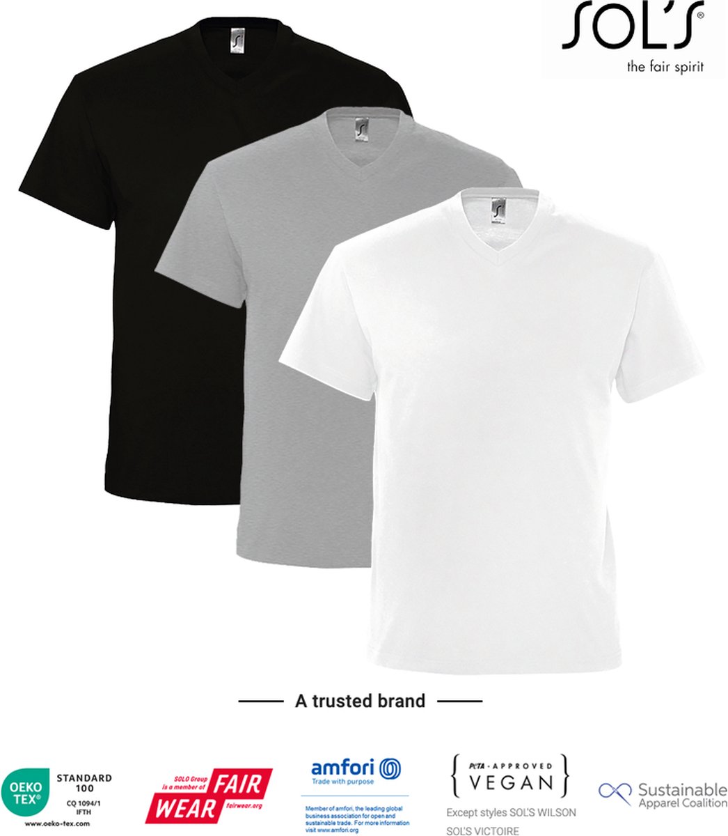 3 Pack SOLS V-hals, Heren T-Shirt 100% katoen V-hals Zwart, Lichtgrijs gemeleerd, Wit Maat M