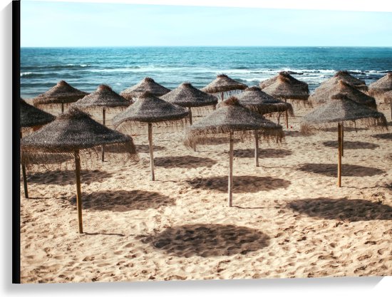 Canvas - Zee - Strand - Zand - Parasols - 100x75 cm Foto op Canvas Schilderij (Wanddecoratie op Canvas)