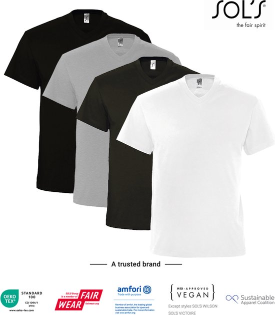 4 Pack SOLS V-hals, Heren T-Shirt 100% katoen V-hals, Zwart, Wit, Lichtgrijs gemeleerd, Donker Grijs Maat 3XL