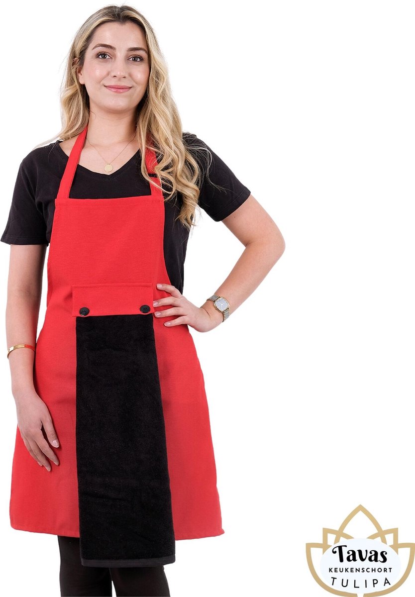 Tulipa rode Keukenschort met zwarte Handdoek Professioneel Verstelbaar Kookschort BBQ Schort Horecakwaliteit Schorten voor vrouwen One Size Fits All